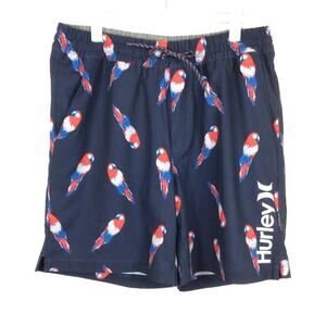 HURLEY Navy Parrot Print Swim Trunks size Large